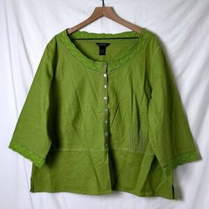 Milano Women Linen Blend Crochet Lace Blouse Lime Green Size 3X Boho Cottagecore